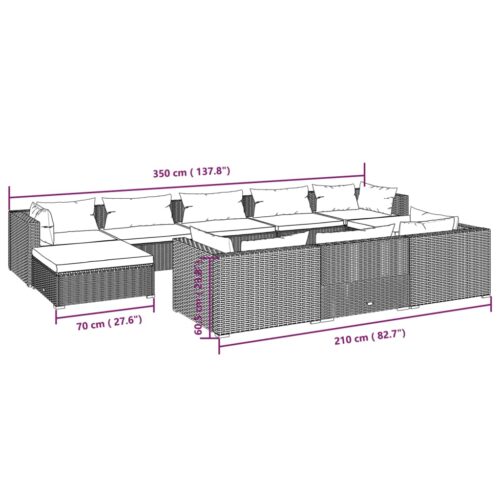 10-Piece Garden Lounge Set with Cushions Black Poly Rattan Wicker Outdoor Patio Furniture - Image 9