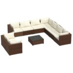 10-Piece Garden Lounge Set with Cushions Brown Poly Rattan Wicker Outdoor Patio Furniture