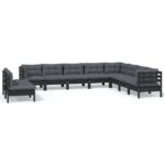 10-Piece Garden Lounge Set with Cushions Black Pine Wood Outdoor Patio Furniture