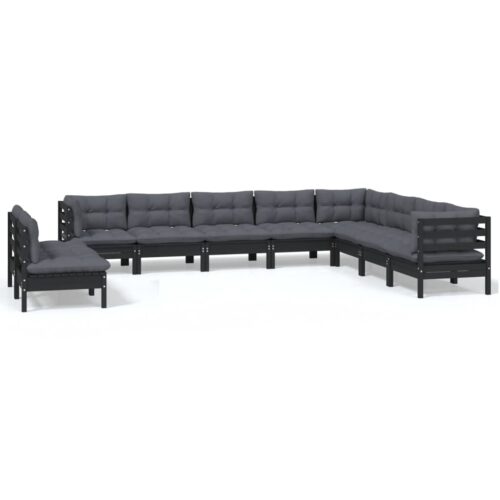 10-Piece Garden Lounge Set with Cushions Black Pine Wood Outdoor Patio Furniture