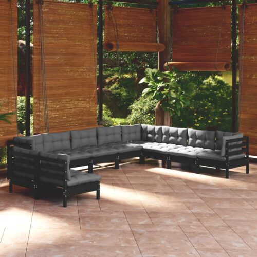 10-Piece Garden Lounge Set with Cushions Black Pine Wood Outdoor Patio Furniture - Image 2