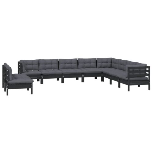 10-Piece Garden Lounge Set with Cushions Black Pine Wood Outdoor Patio Furniture - Image 3