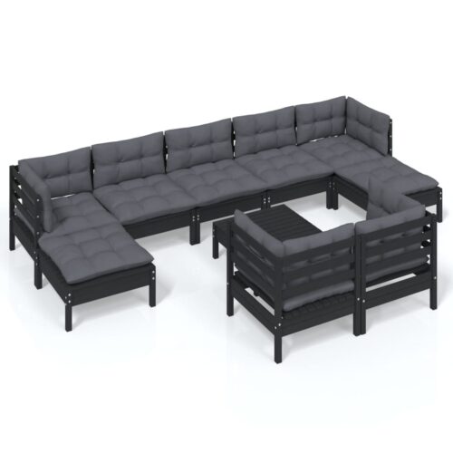 10-Piece Garden Lounge Set with Cushions Black Pine Wood Outdoor Patio Furniture