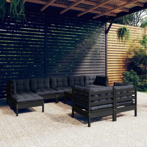 10-Piece Garden Lounge Set with Cushions Black Pine Wood Outdoor Patio Furniture - Image 2