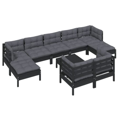 10-Piece Garden Lounge Set with Cushions Black Pine Wood Outdoor Patio Furniture - Image 3