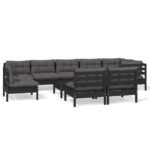 10-Piece Garden Lounge Set with Cushions Black Pine Wood Outdoor Patio Furniture