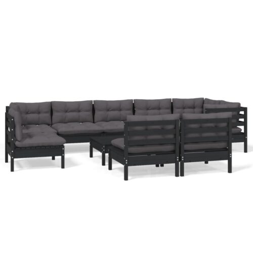 10-Piece Garden Lounge Set with Cushions Black Pine Wood Outdoor Patio Furniture
