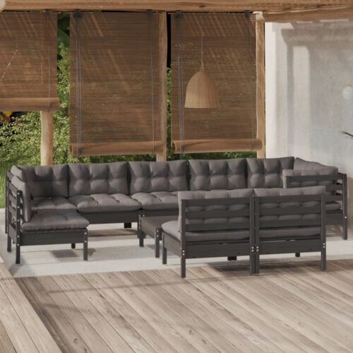 10-Piece Garden Lounge Set with Cushions Black Pine Wood Outdoor Patio Furniture - Image 2