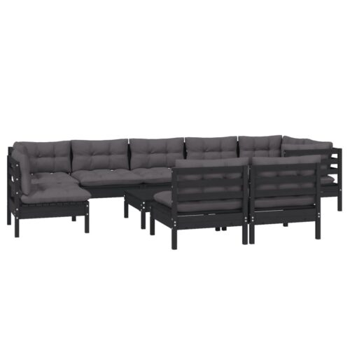 10-Piece Garden Lounge Set with Cushions Black Pine Wood Outdoor Patio Furniture - Image 3