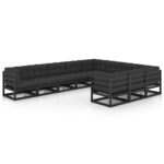 10-Piece Garden Lounge Set with Cushions Black Pine Wood Outdoor Patio Furniture