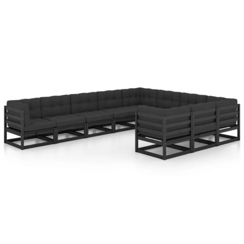 10-Piece Garden Lounge Set with Cushions Black Pine Wood Outdoor Patio Furniture