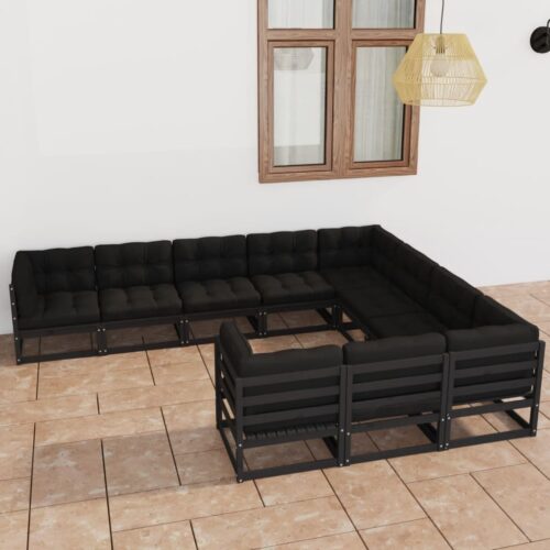 10-Piece Garden Lounge Set with Cushions Black Pine Wood Outdoor Patio Furniture - Image 2