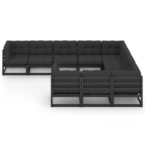 10-Piece Garden Lounge Set with Cushions Black Pine Wood Outdoor Patio Furniture - Image 3