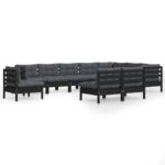 10-Piece Garden Lounge Set with Cushions Black Pine Wood Outdoor Patio Furniture