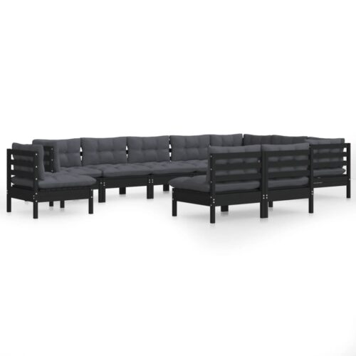 10-Piece Garden Lounge Set with Cushions Black Pine Wood Outdoor Patio Furniture