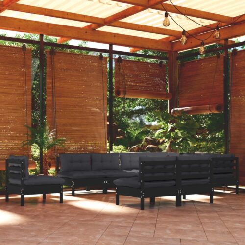 10-Piece Garden Lounge Set with Cushions Black Pine Wood Outdoor Patio Furniture - Image 2