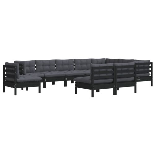 10-Piece Garden Lounge Set with Cushions Black Pine Wood Outdoor Patio Furniture - Image 3