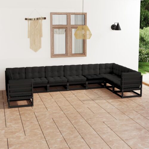 10-Piece Garden Lounge Set with Cushions Black Pine Wood Outdoor Patio Furniture - Image 2