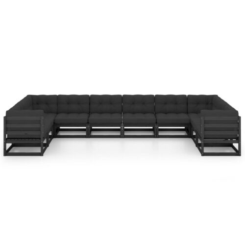 10-Piece Garden Lounge Set with Cushions Black Pine Wood Outdoor Patio Furniture - Image 3