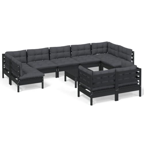 10-Piece Garden Lounge Set with Cushions Black Pine Wood Outdoor Patio Furniture