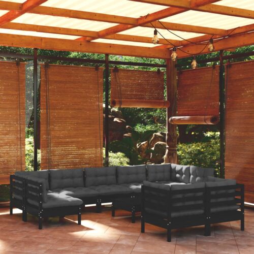 10-Piece Garden Lounge Set with Cushions Black Pine Wood Outdoor Patio Furniture - Image 2