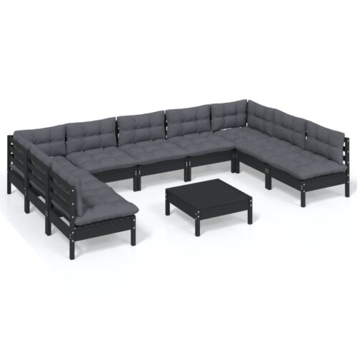 10-Piece Garden Lounge Set with Cushions Black Pine Wood Outdoor Patio Furniture