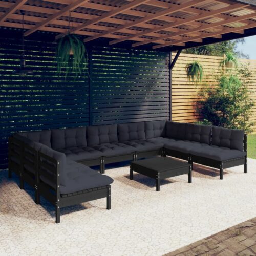 10-Piece Garden Lounge Set with Cushions Black Pine Wood Outdoor Patio Furniture - Image 2