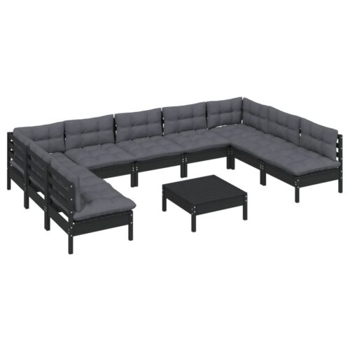 10-Piece Garden Lounge Set with Cushions Black Pine Wood Outdoor Patio Furniture - Image 3