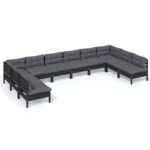 10-Piece Garden Lounge Set with Cushions Black Pine Wood Outdoor Patio Furniture