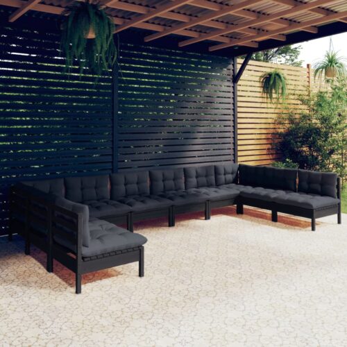 10-Piece Garden Lounge Set with Cushions Black Pine Wood Outdoor Patio Furniture - Image 2
