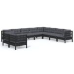 10-Piece Garden Lounge Set with Cushions Black Pine Wood Outdoor Patio Furniture