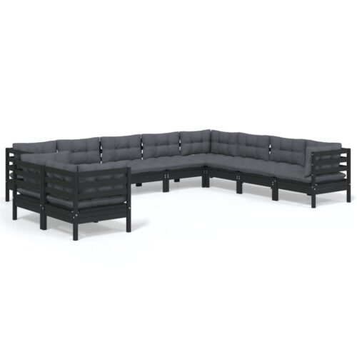 10-Piece Garden Lounge Set with Cushions Black Pine Wood Outdoor Patio Furniture