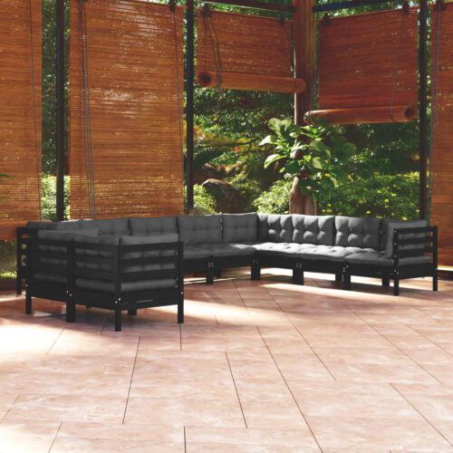10-Piece Garden Lounge Set with Cushions Black Pine Wood Outdoor Patio Furniture - Image 2