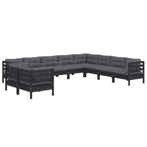 10-Piece Garden Lounge Set with Cushions Black Pine Wood Outdoor Patio Furniture - Image 3