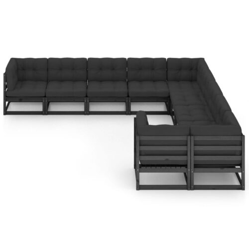 10-Piece Garden Lounge Set with Cushions Black Pine Wood Outdoor Patio Furniture - Image 2