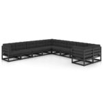 10-Piece Garden Lounge Set with Cushions Black Pine Wood Outdoor Patio Furniture