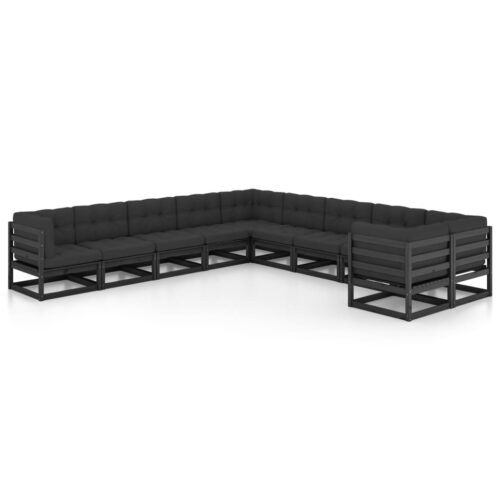 10-Piece Garden Lounge Set with Cushions Black Pine Wood Outdoor Patio Furniture