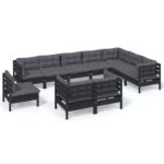 10-Piece Garden Lounge Set with Cushions Black Pine Wood Outdoor Patio Furniture