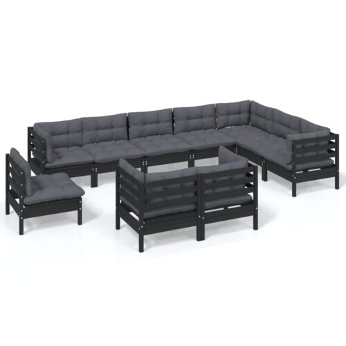 10-Piece Garden Lounge Set with Cushions Black Pine Wood Outdoor Patio Furniture