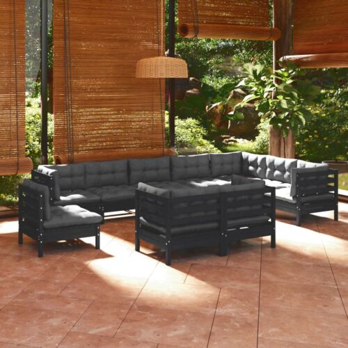 10-Piece Garden Lounge Set with Cushions Black Pine Wood Outdoor Patio Furniture - Image 2