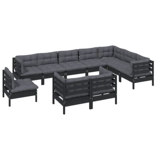 10-Piece Garden Lounge Set with Cushions Black Pine Wood Outdoor Patio Furniture - Image 3
