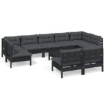 10-Piece Garden Lounge Set with Cushions Black Pine Wood Outdoor Patio Furniture