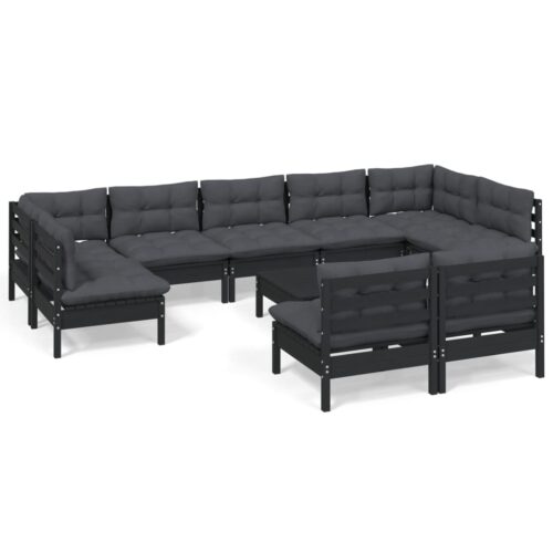 10-Piece Garden Lounge Set with Cushions Black Pine Wood Outdoor Patio Furniture