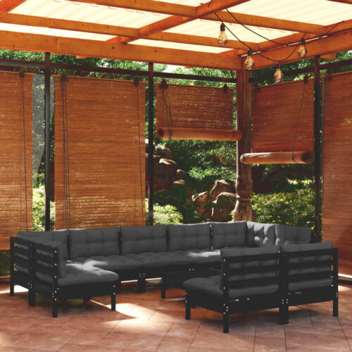 10-Piece Garden Lounge Set with Cushions Black Pine Wood Outdoor Patio Furniture - Image 2