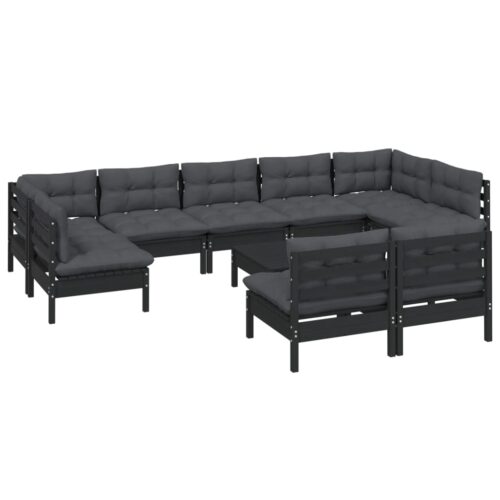 10-Piece Garden Lounge Set with Cushions Black Pine Wood Outdoor Patio Furniture - Image 3