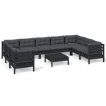 10-Piece Garden Lounge Set with Cushions Black Pine Wood Outdoor Patio Furniture