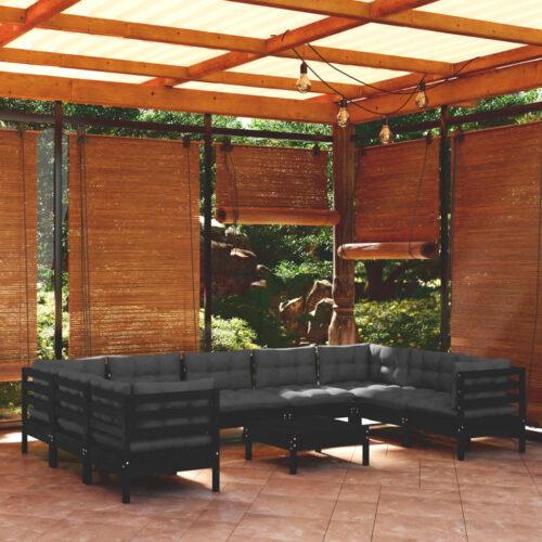 10-Piece Garden Lounge Set with Cushions Black Pine Wood Outdoor Patio Furniture - Image 2