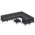 10-Piece Garden Lounge Set with Cushions Black Pine Wood Outdoor Patio Furniture