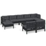 10-Piece Garden Lounge Set with Cushions Black Pine Wood Outdoor Patio Furniture
