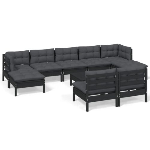 10-Piece Garden Lounge Set with Cushions Black Pine Wood Outdoor Patio Furniture
